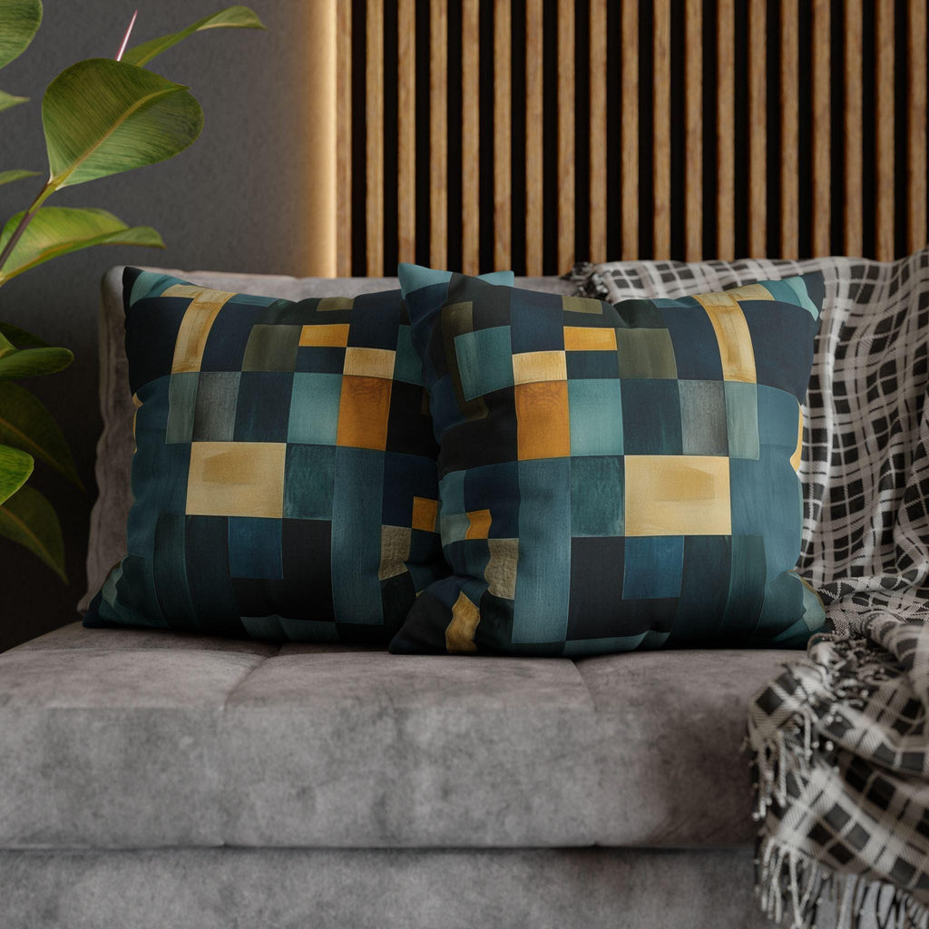 Geometric Abstract Square Pillowcase, Blue and Earth Colors, Modern Rustic Decor