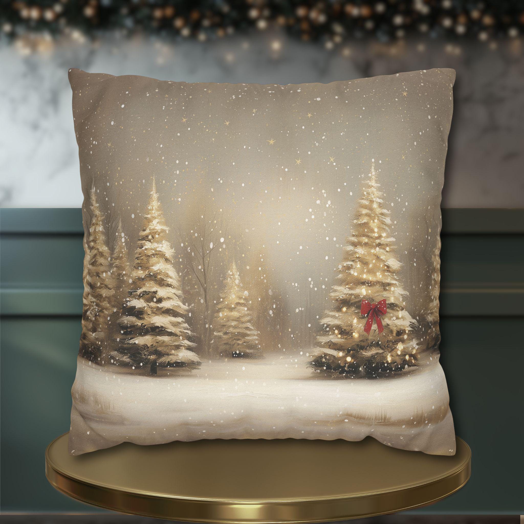 Snowy Golden Christmas Pillow Cover: Flocked Pine Tree Illustration on Square Cushion Case