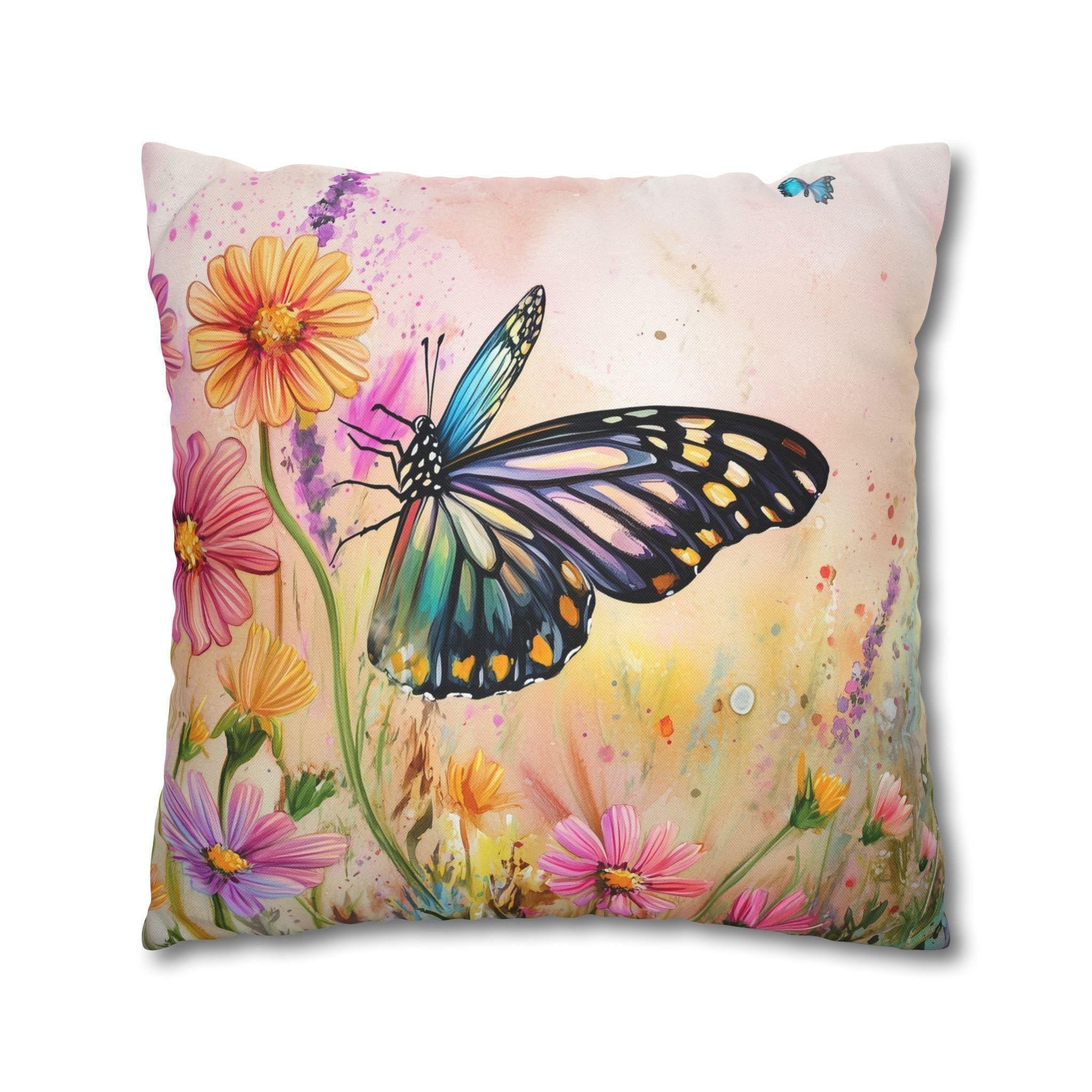 Vibrant Butterfly Garden Pillow Cover: Watercolor Floral Accent for Home Decor