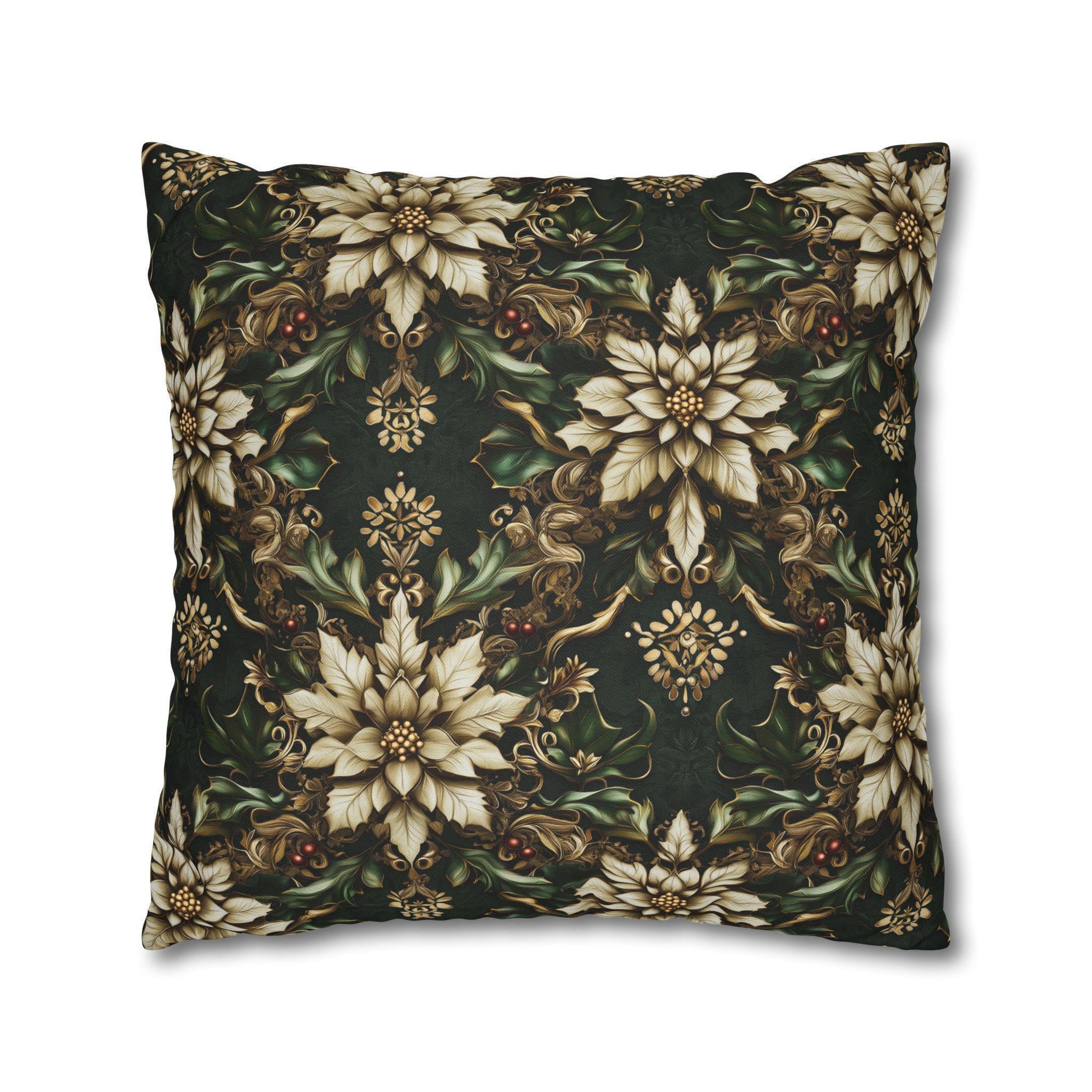 Holiday Poinsettia Pillow cover - Festive Christmas Decor Red Green Gold & Creamy Beige