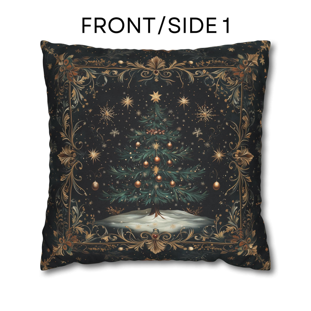 Victorian Christmas Tree Pillow Cover: Gold Filigree & Midnight Black Holiday Decor