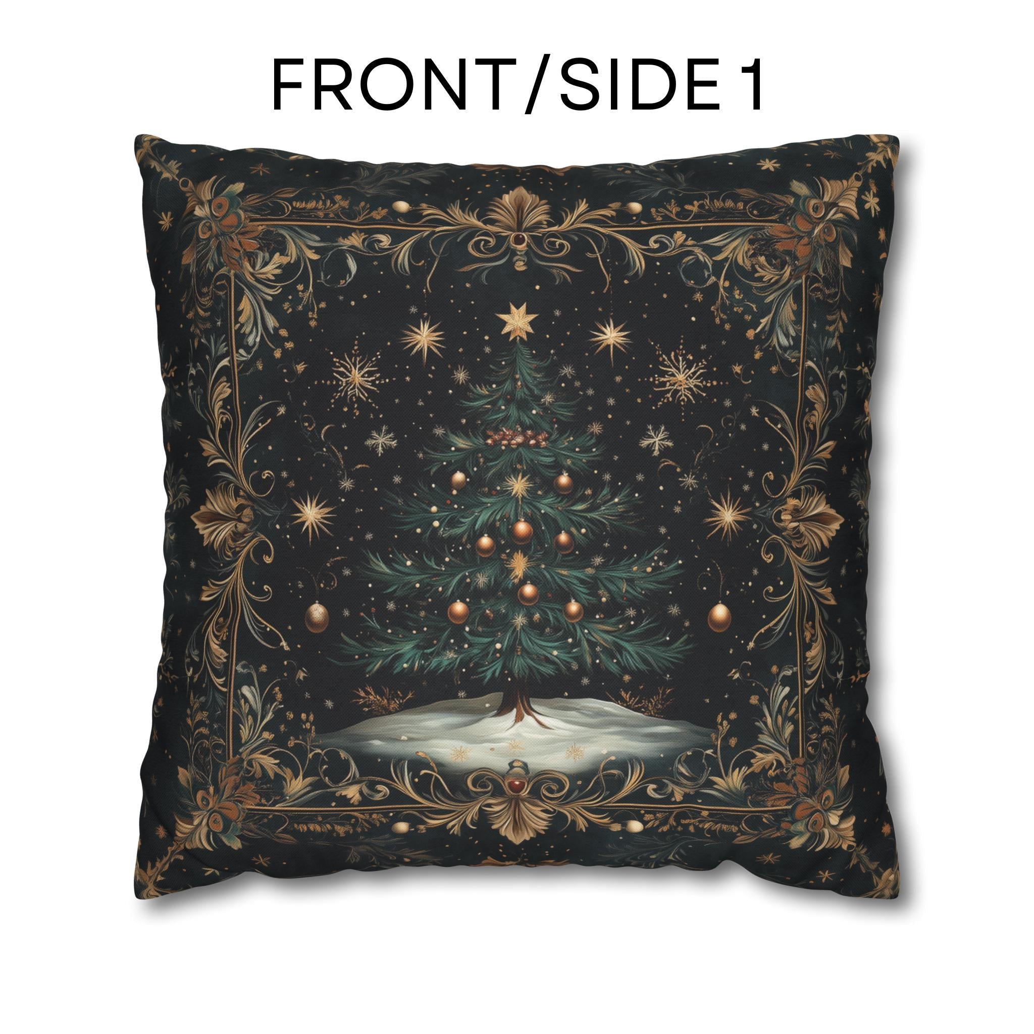 Victorian Christmas Tree Pillow Cover: Gold Filigree & Midnight Black Holiday Decor