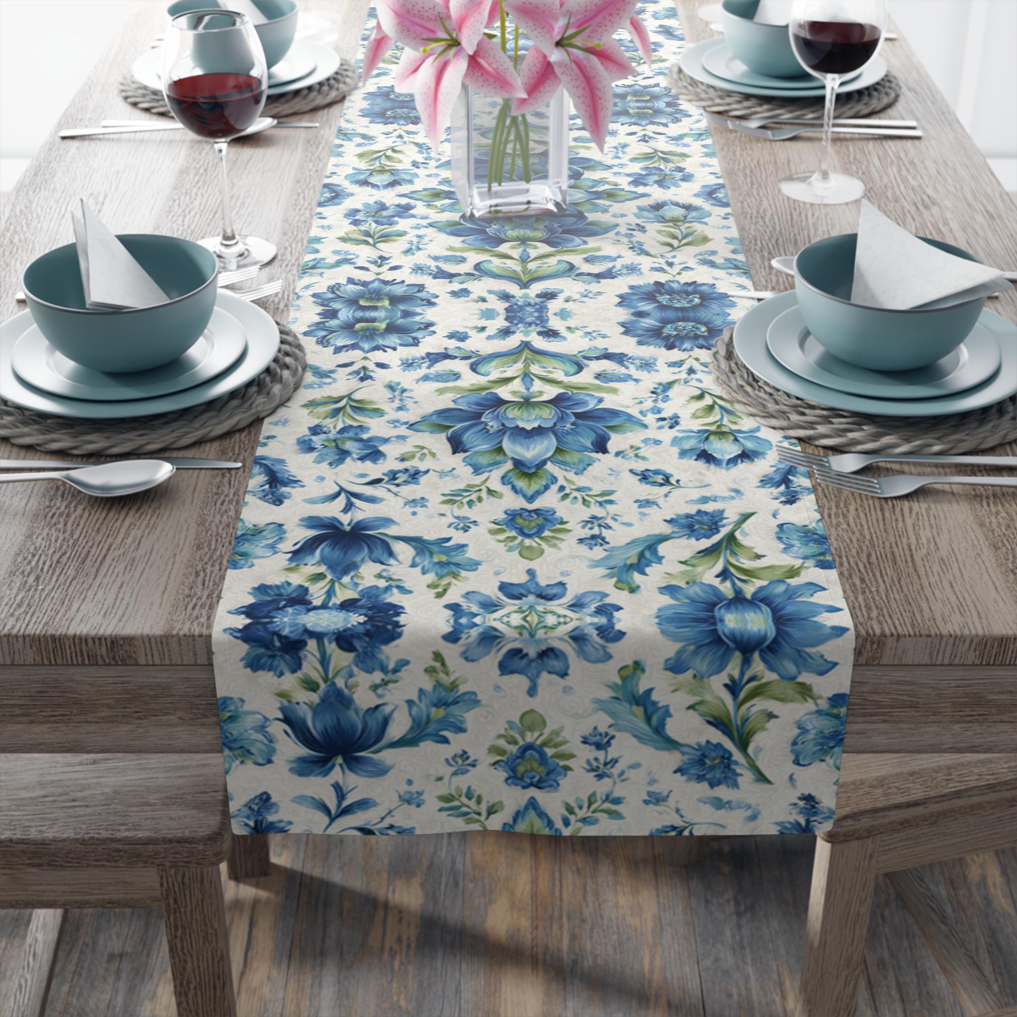 Jacobean Floral Table Runner: Blue-Green Vintage-Inspired Botanical Print for Elegant Dining Decor