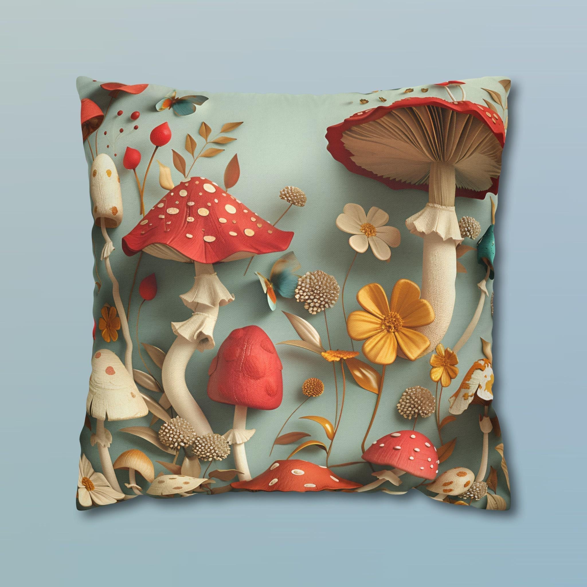 Enchanted Forest Mushroom Throw Pillow Cover: Colorful Nature-Inspired Cushion for Boho Home Decor