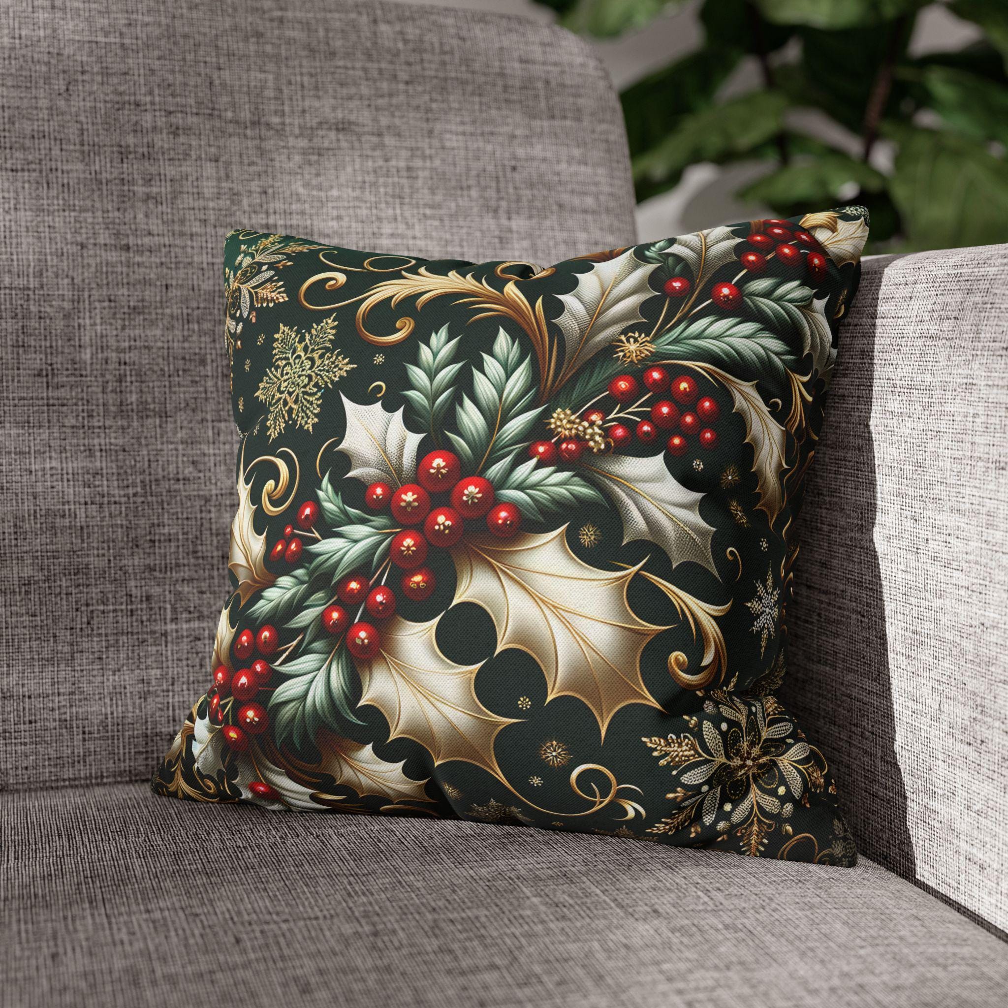 Elegant Emerald Pillow Cover: Golden Holly & Silver Snowflakes for Festive Holiday Decor