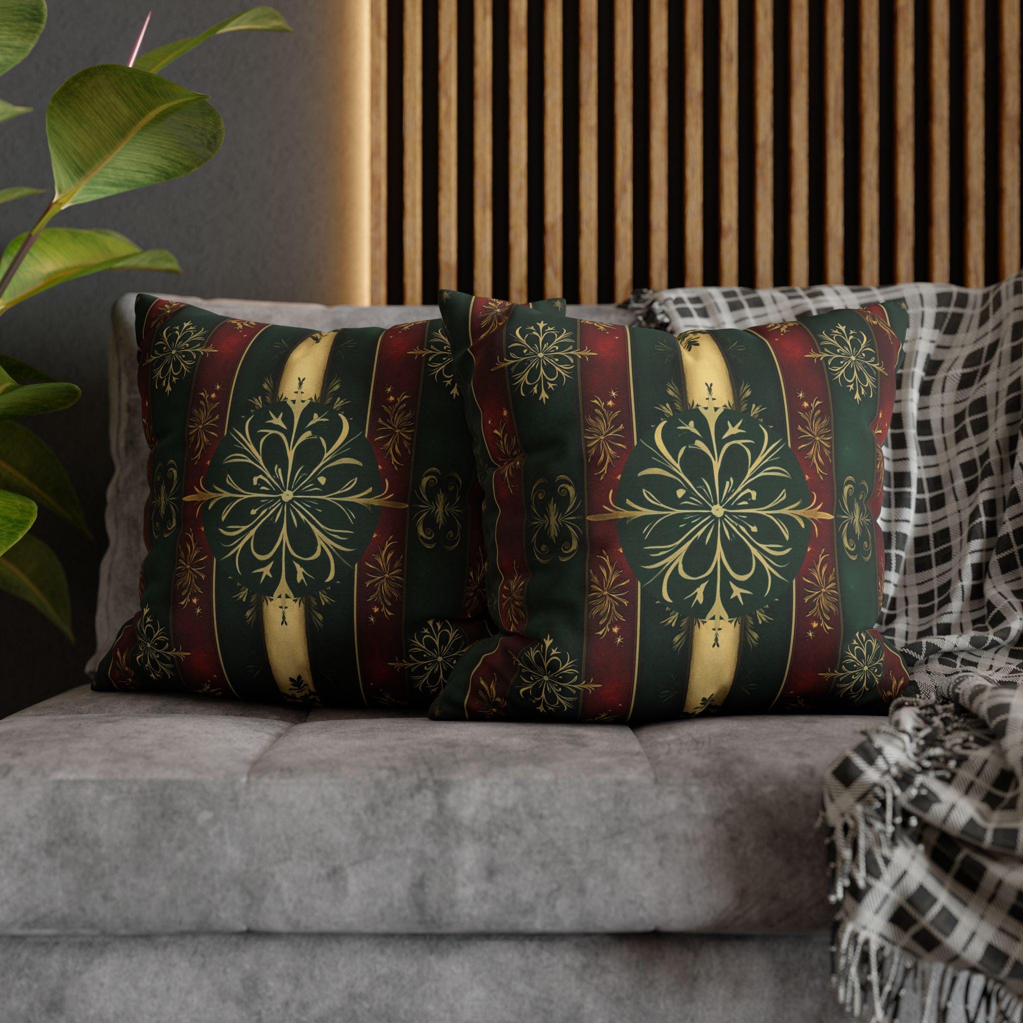 Snowflake Christmas Pillow Cover: Red Green Gold Elegant Home Accent