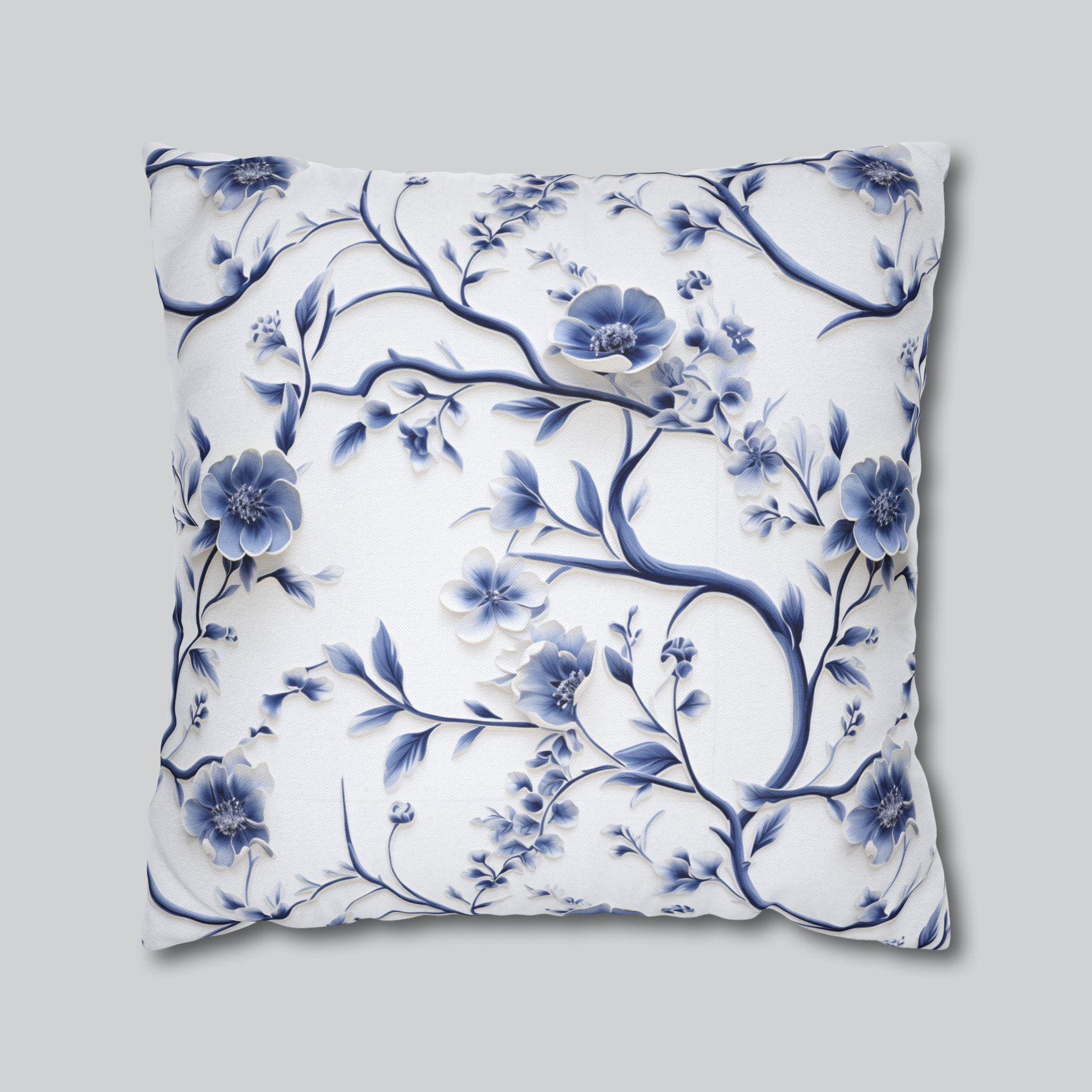Elegant Chinoiserie Pillowcase: Blue & White Floral Cushion Cover Inspired by Vintage Chinese Porcelain Art