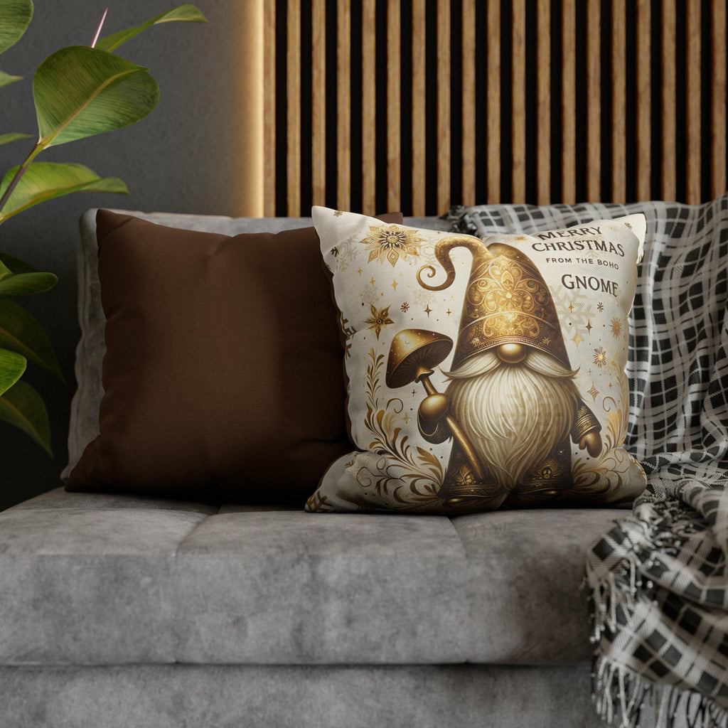 Boho Christmas Gnome Pillow Cover: Festive Gold Design on Cream Background for Holiday Decor