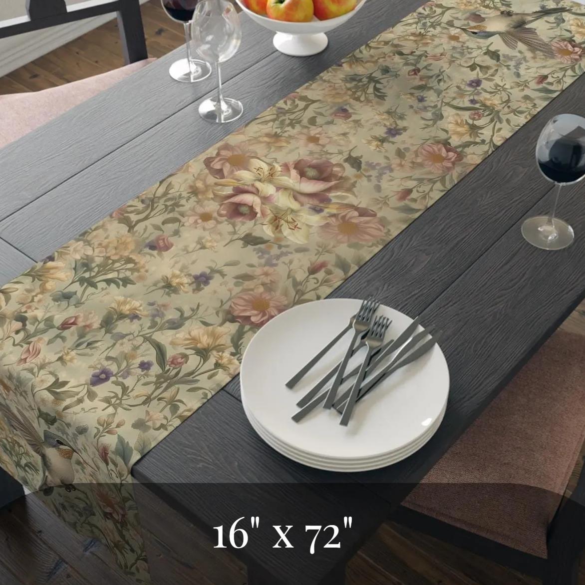 William Morris Inspired Botanical Table Runner: Vintage Style Floral Hummingbird Garden Dining Decor