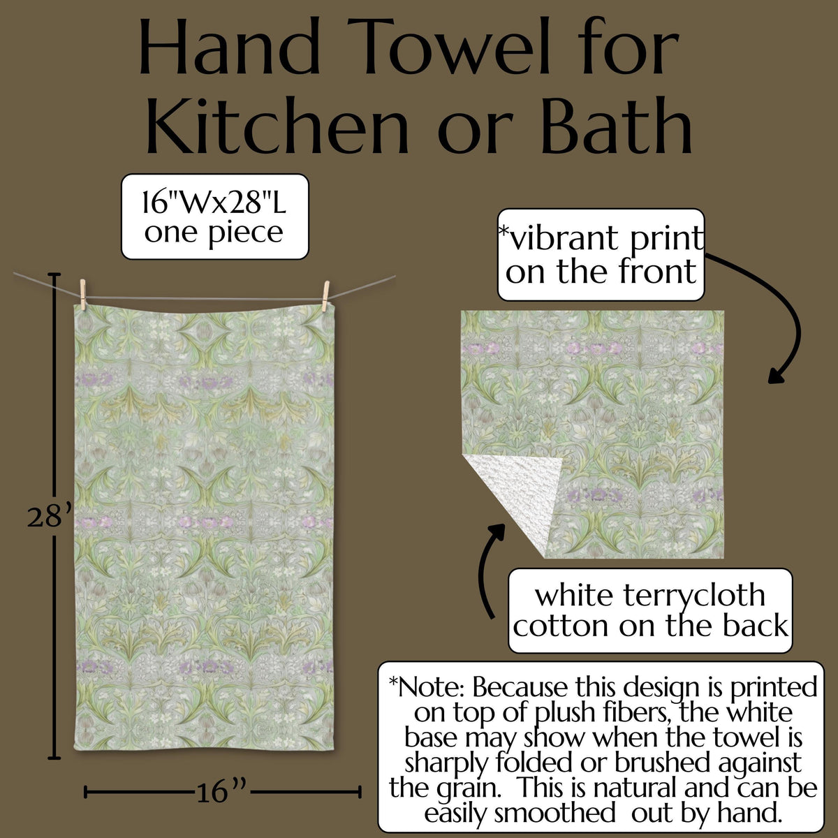 William Morris inspired Hand Towel: Soft Sage Botanical with Muted Lavender