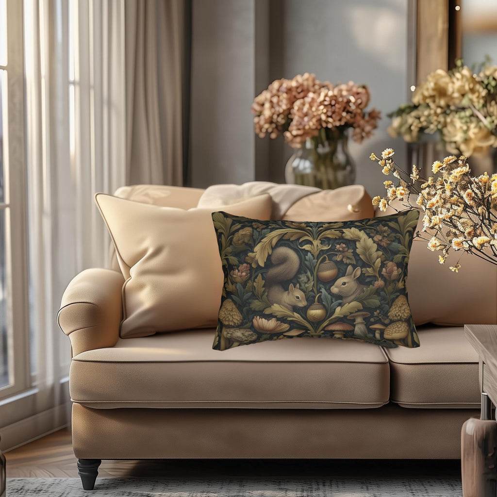 William Morris Woodland Forest Lumbar Pillow: Squirrel & Rabbit Tapestry-Style