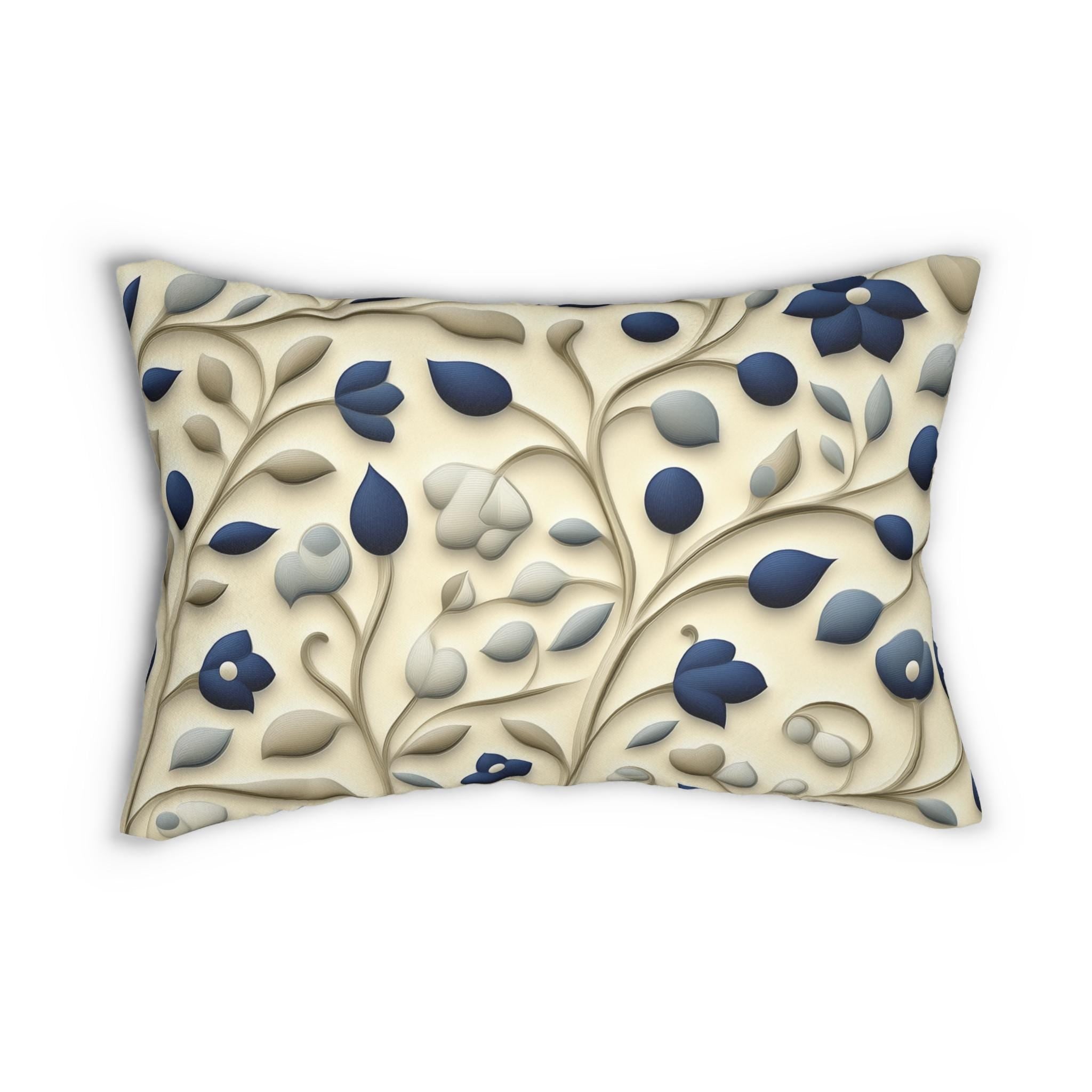 William Morris Inspired Lumbar Pillow: Navy & Taupe Floral Botanical