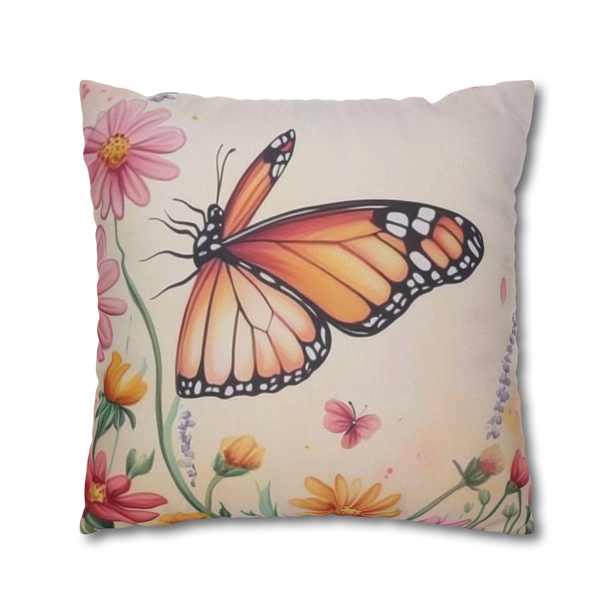 Monarch Butterfly Pillow Cover: Colorful Wildflower Garden on Soft Peach Background