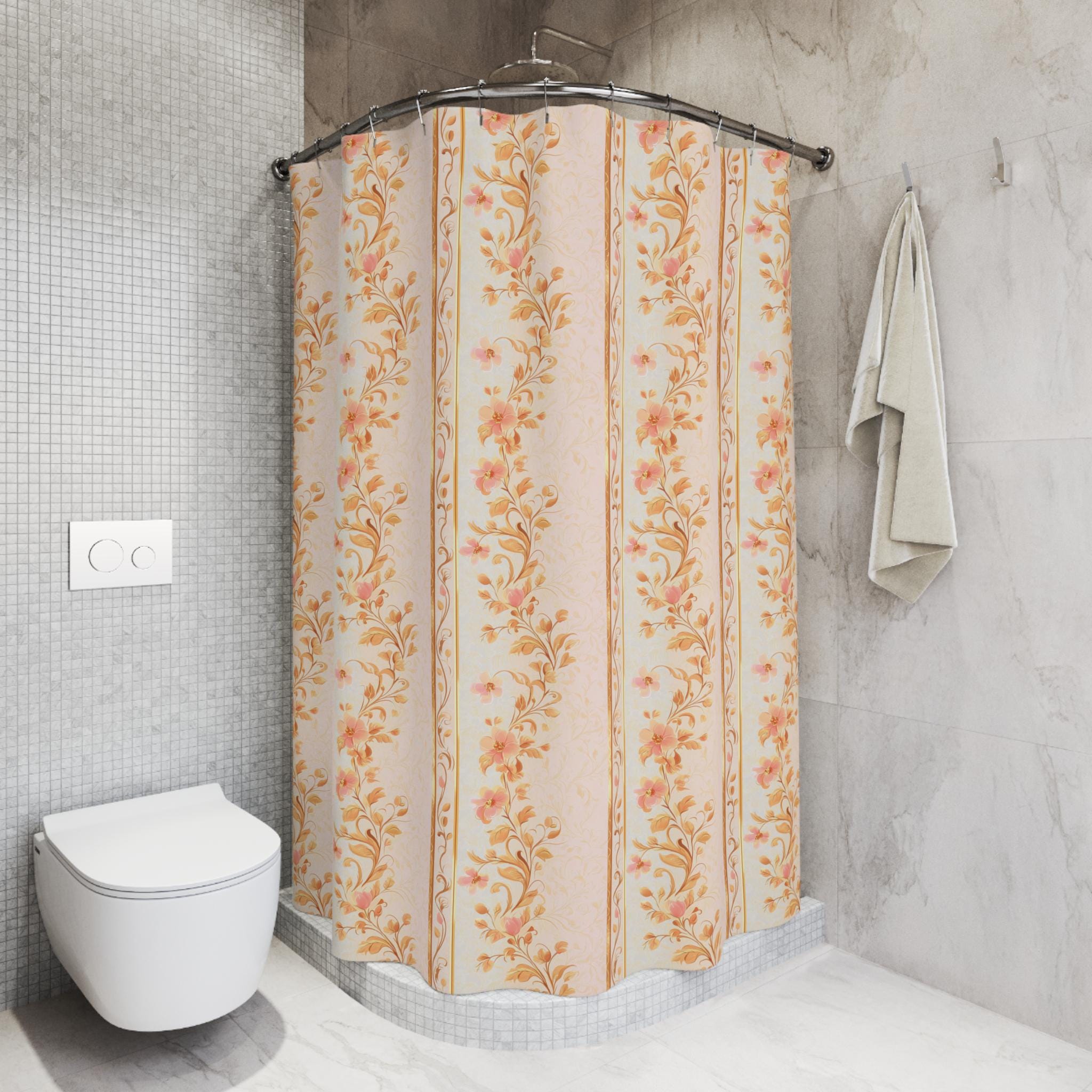 Vintage-Inspired Peach Floral Stripe Fabric Shower Curtain: Botanical Garden Charm for Bathroom Decor