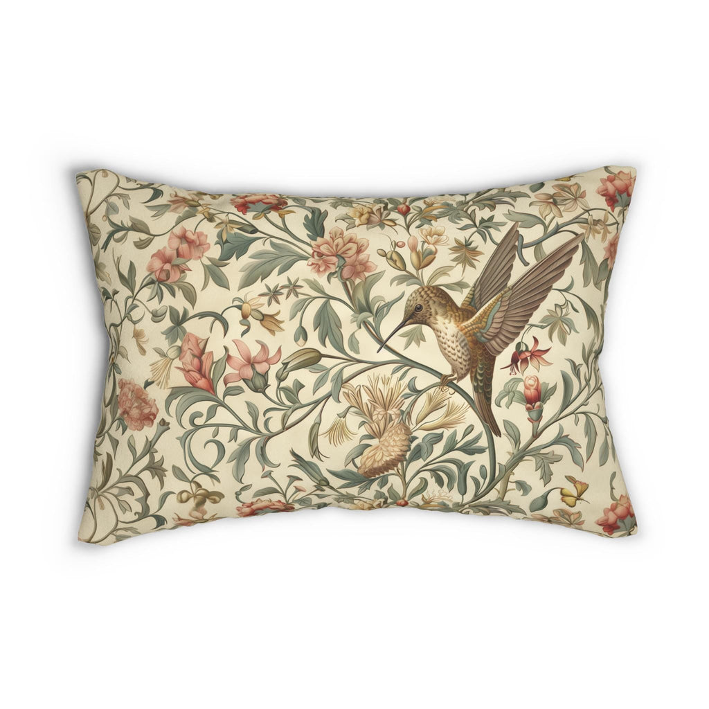 William Morris Hummingbird Lumbar Pillow - Elegant Floral Bird Design in Brown, Gold, and Green