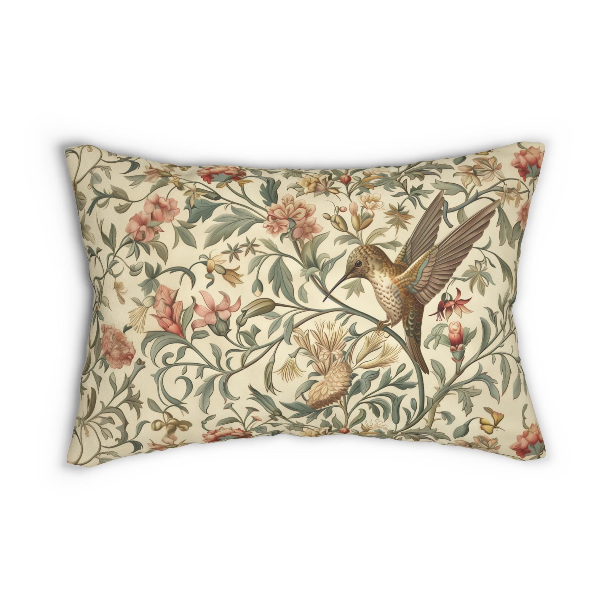 William Morris Hummingbird Lumbar Pillow - Elegant Floral Bird Design in Brown, Gold, and Green