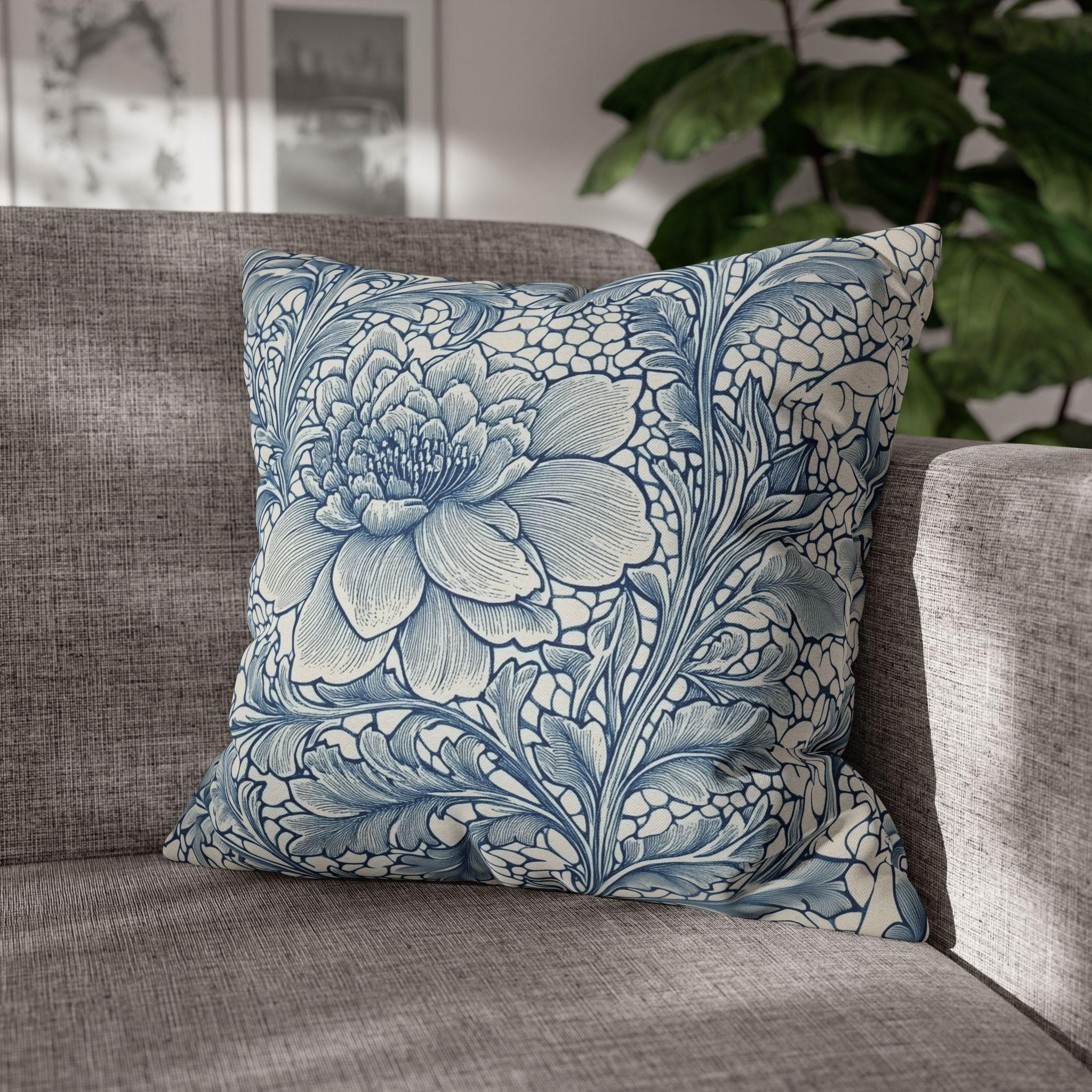William Morris Inspired Blue Floral Pillow Cover: Vintage Botanical Home Decor Accent