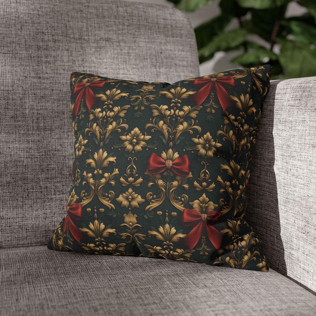 Gold Damask Christmas Pillow Cover with Printed Red Bow: Holiday Decor