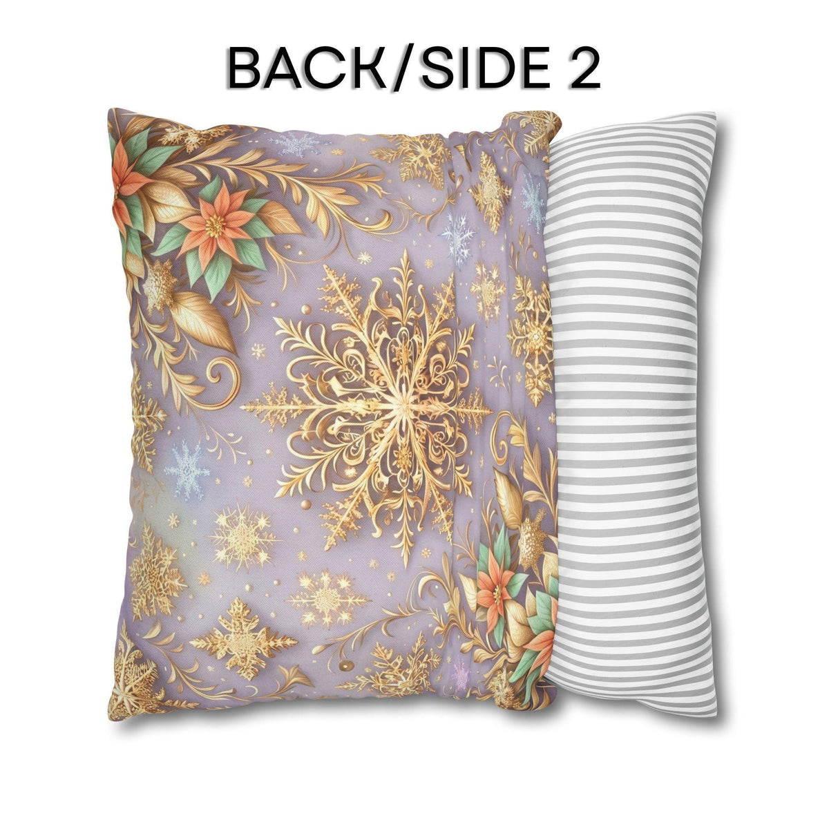 Pastel Christmas Pillow Cover: Gold Snowflake, Lilac Winter Decor, Frosted Poinsettia, Shabby Chic