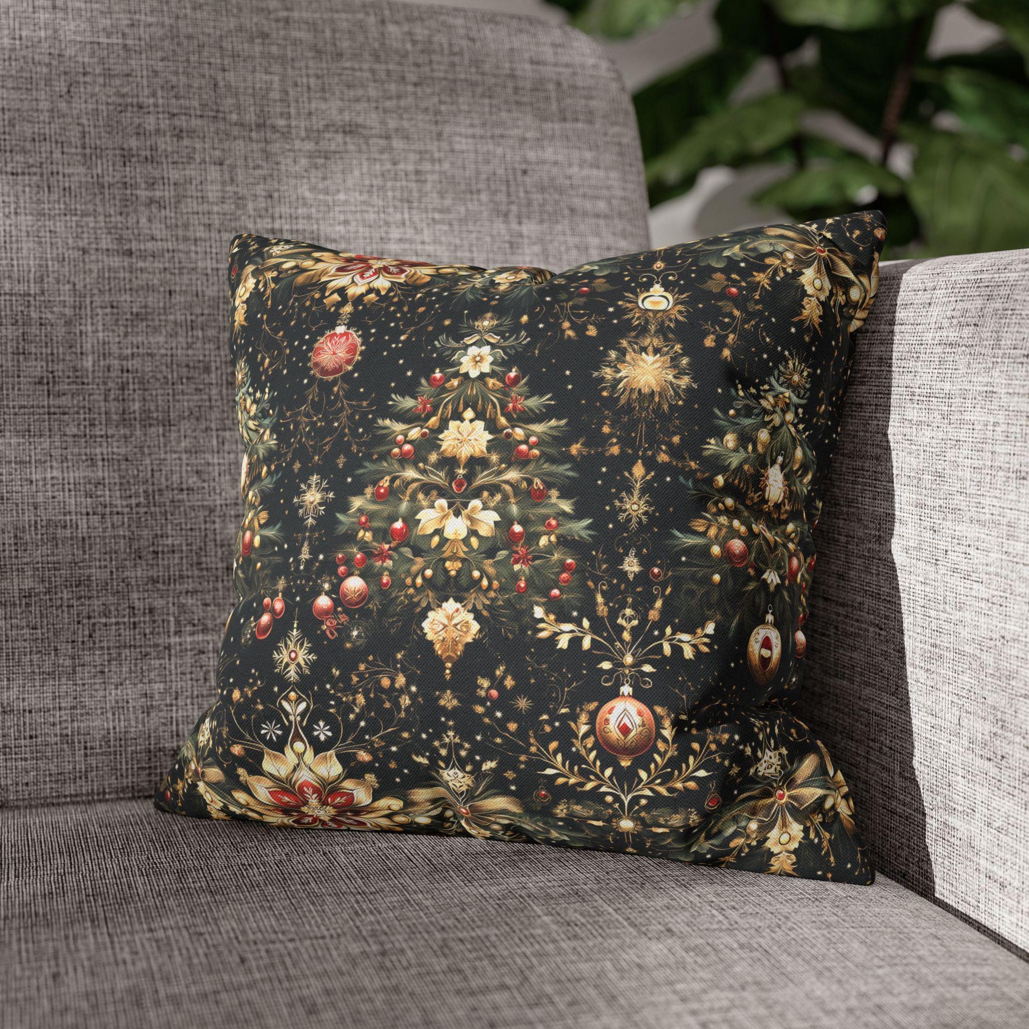Christmas Tree Pillow Cover: Luxe Gold Red & Green on Deep Charcoal Holiday Decor
