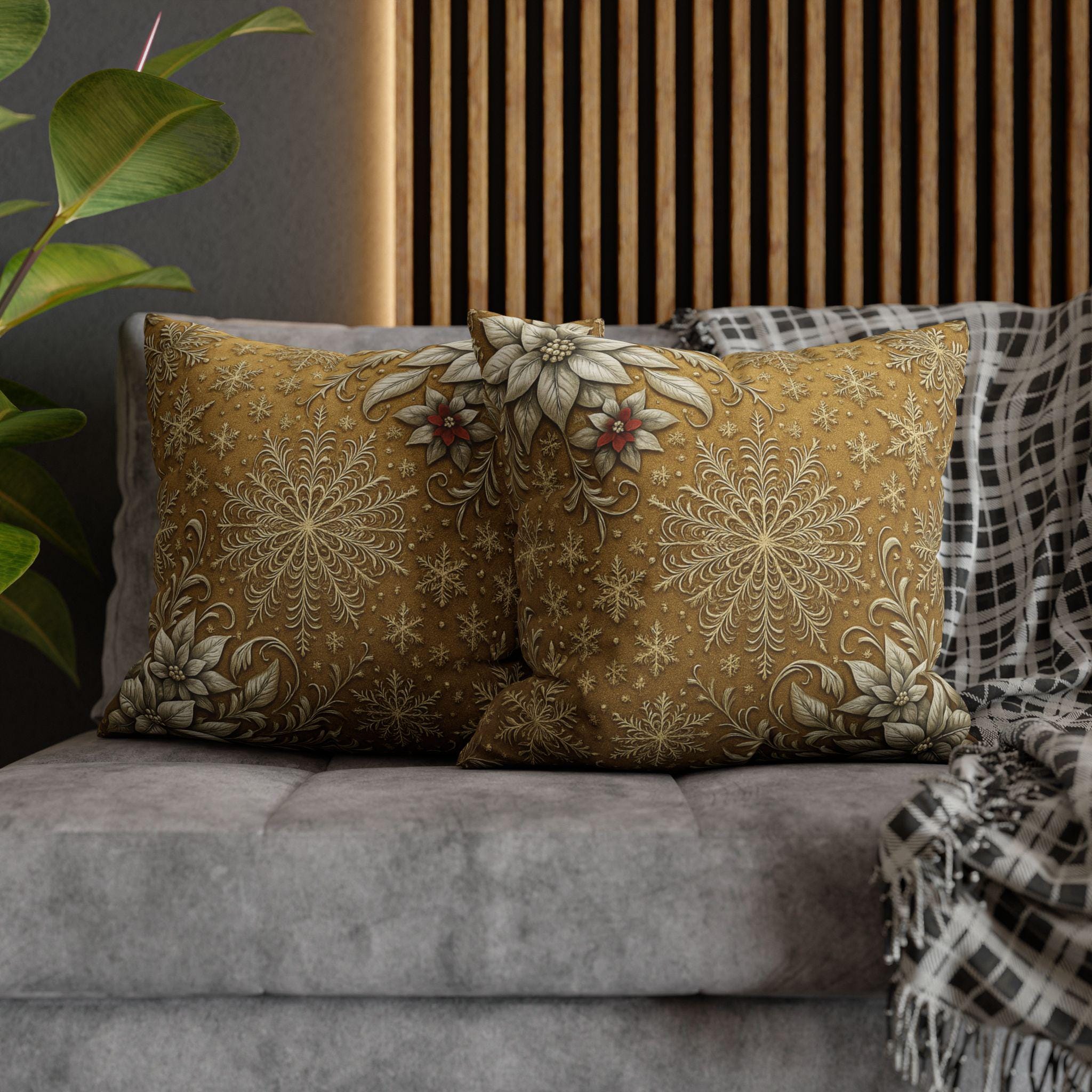 Elegant Vintage Inspired Pillow Cover: Silver Poinsettia and Snowflakes on a Rich Golden Background
