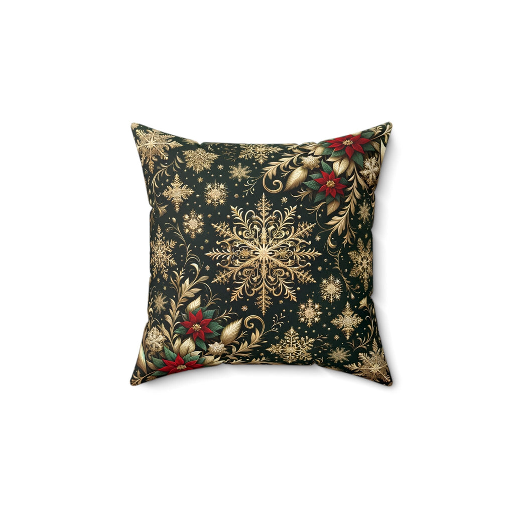 Elegant Poinsettia Christmas Throw Pillow: Golden Snowflakes & Emerald Festive Holiday Home Decor Accent