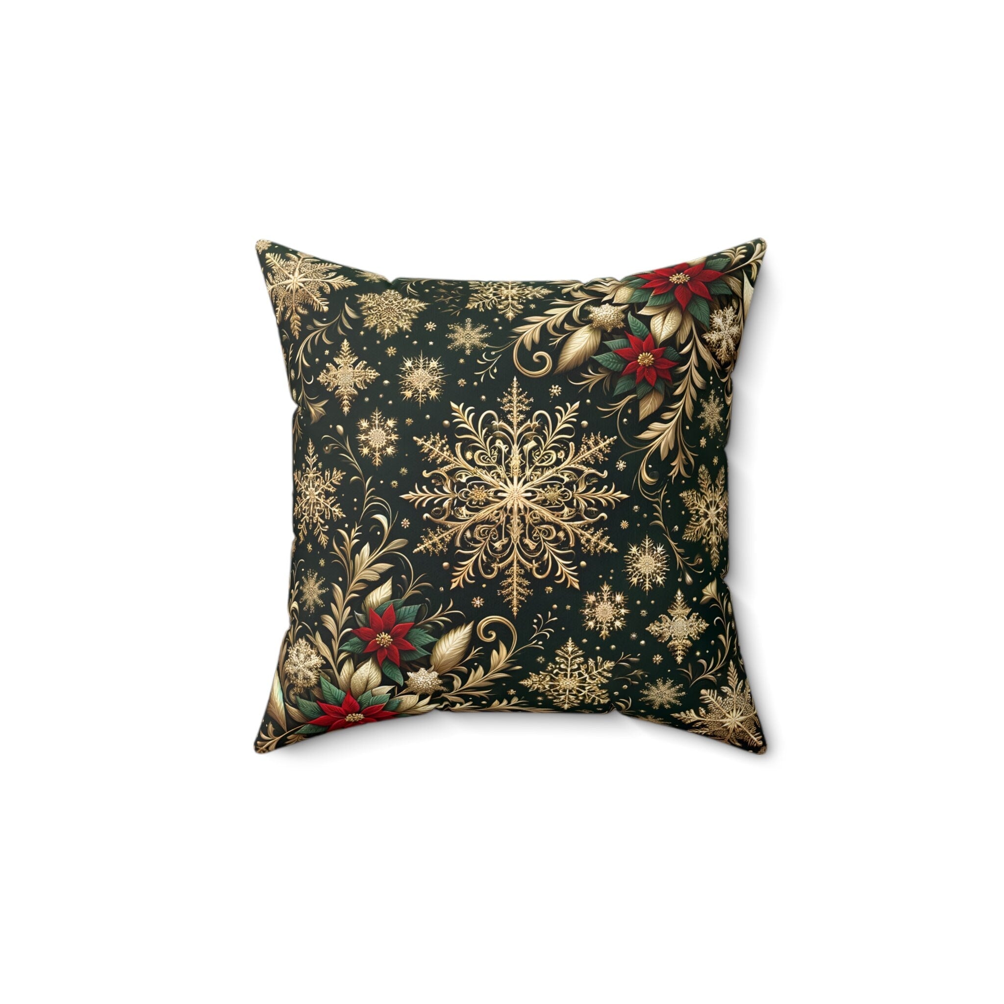 Elegant Poinsettia Christmas Throw Pillow: Golden Snowflakes & Emerald Festive Holiday Home Decor Accent