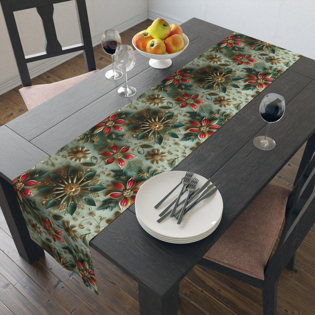 Elegant Christmas Table Runner: Snowflake & Poinsettia Holiday Decor