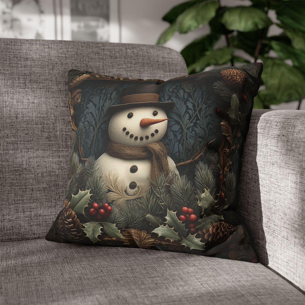 William Morris Inspired Christmas Snowman Pillow Cover: Woodland Pine & Holly Illustration