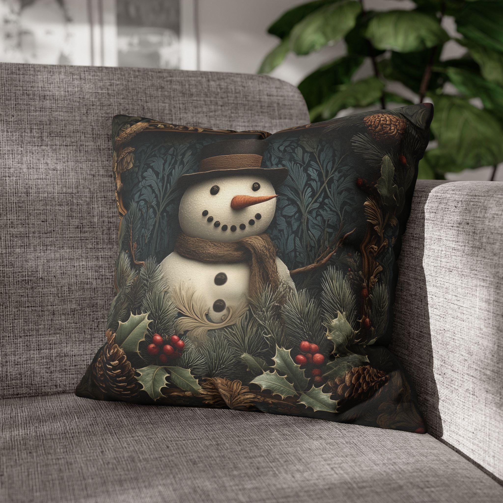 William Morris Inspired Christmas Snowman Pillow Cover: Woodland Pine & Holly Illustration