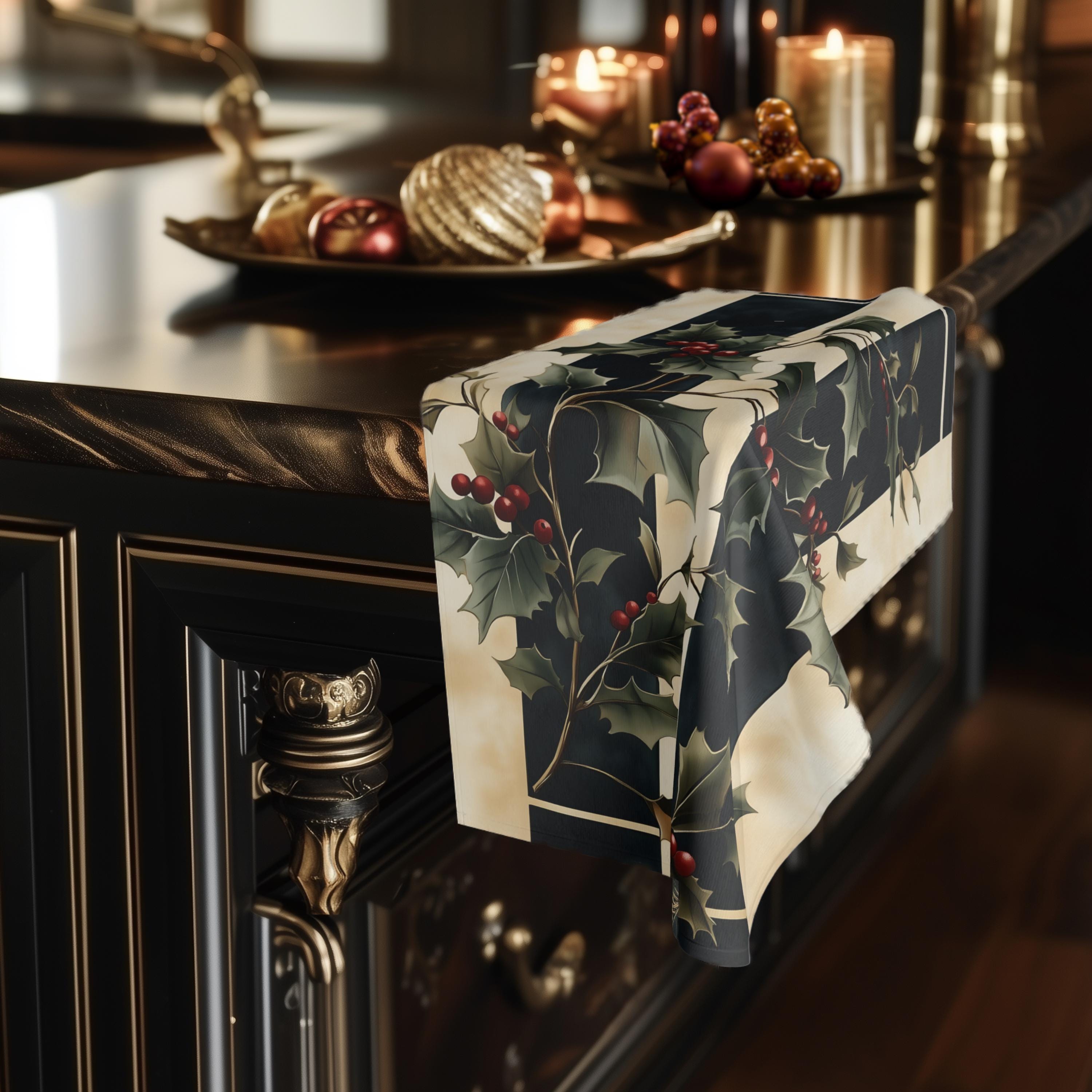 Holly & Stripes Christmas Tea Towel, Elegant Green Red Kitchen Decor