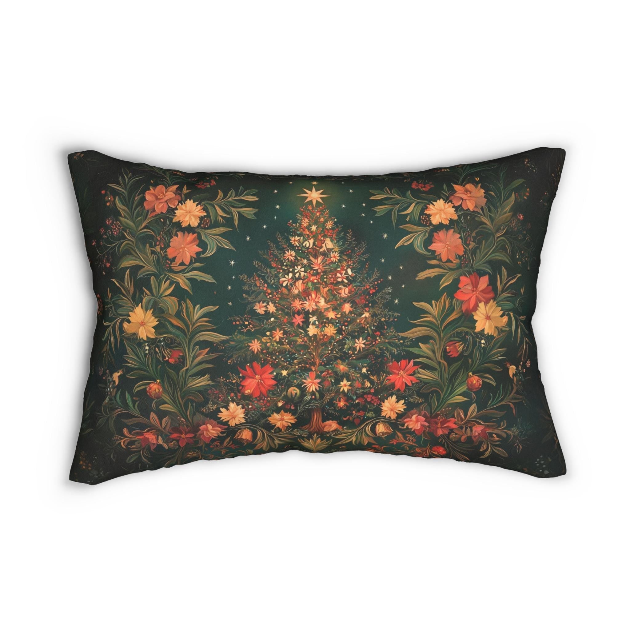 William Morris Christmas Tree Lumbar Pillow Dark Green Charcoal Background Holiday Decor Lumbar Cushion