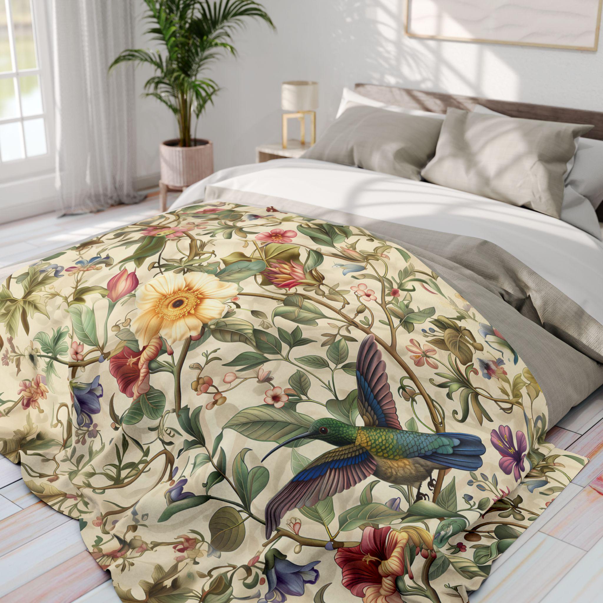 William Morris Inspired Hummingbird Fleece Throw Blanket with Elegant Floral Design