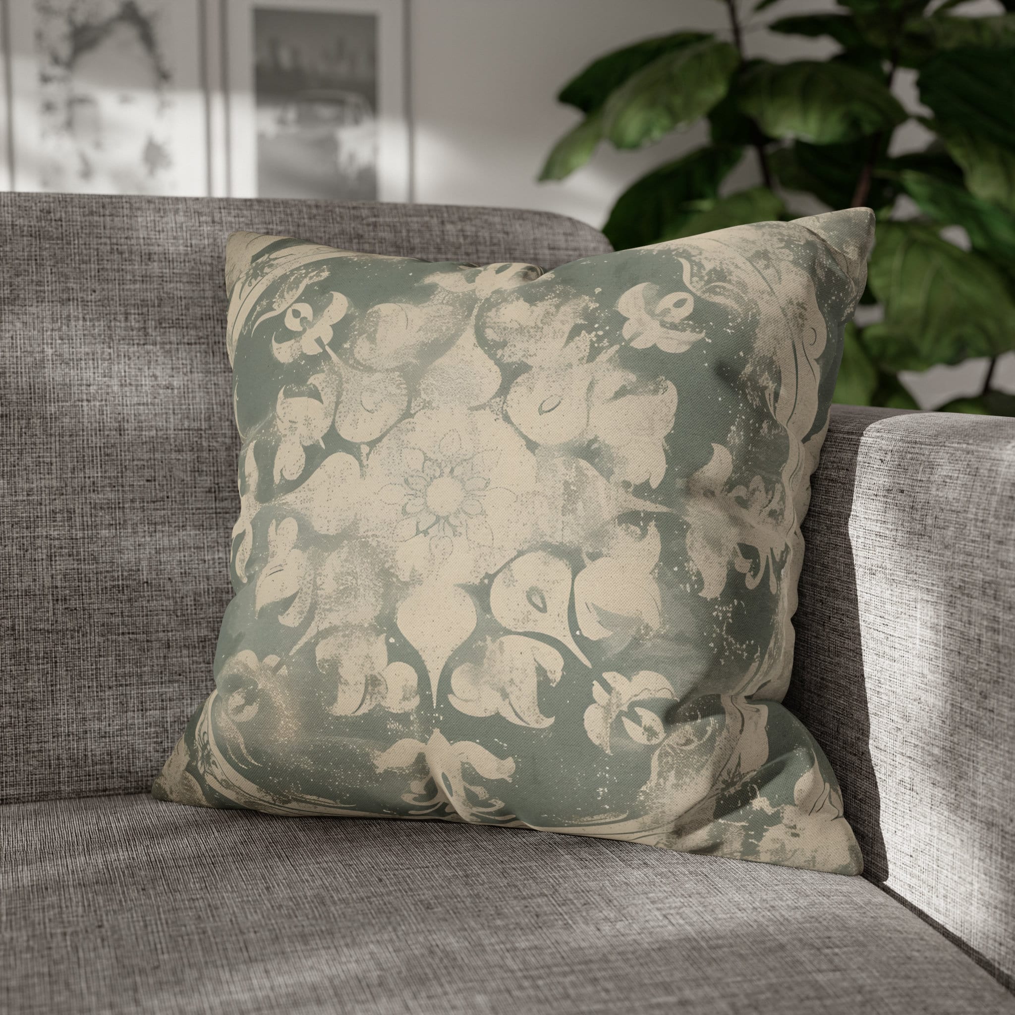 Vintage-Inspired French Farmhouse Pillow Cover: Faded Symmetrical Design in Sage & Off-White