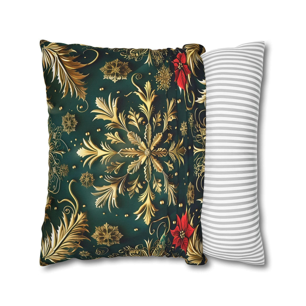 Holiday Snowflake Square  Pillowcase, Elegant Christmas Decor, Luxury Green & Gold Pillow Sham
