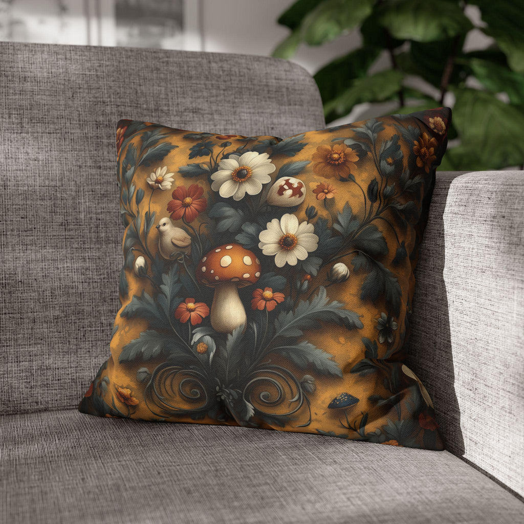 William Morris Inspired Woodland Mushroom Pillow Cover: Autumn Floral Art on Gold Background