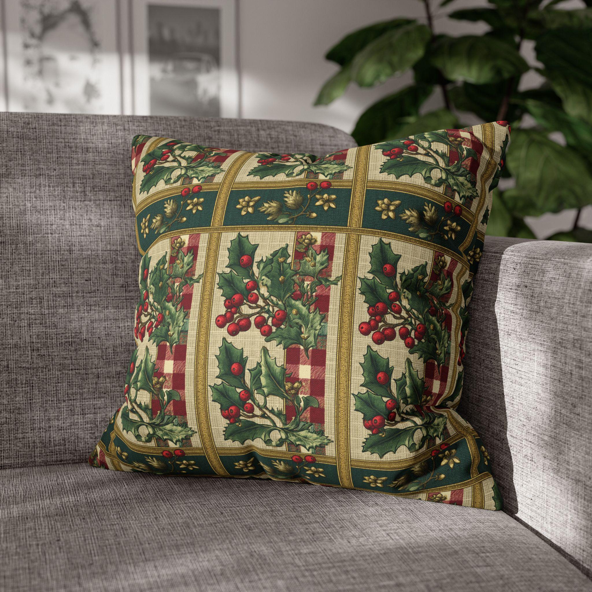 Gingham & Holly Christmas Pillow Cover:  Classic Vintage Holiday Style with Stripes