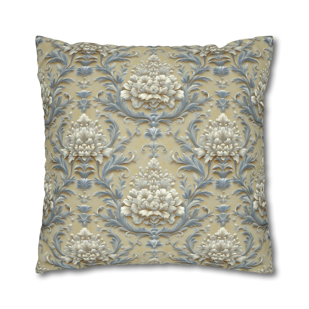 Damask Floral Pillow Cover: Blue & Gold Cushion Case - Classic Decor