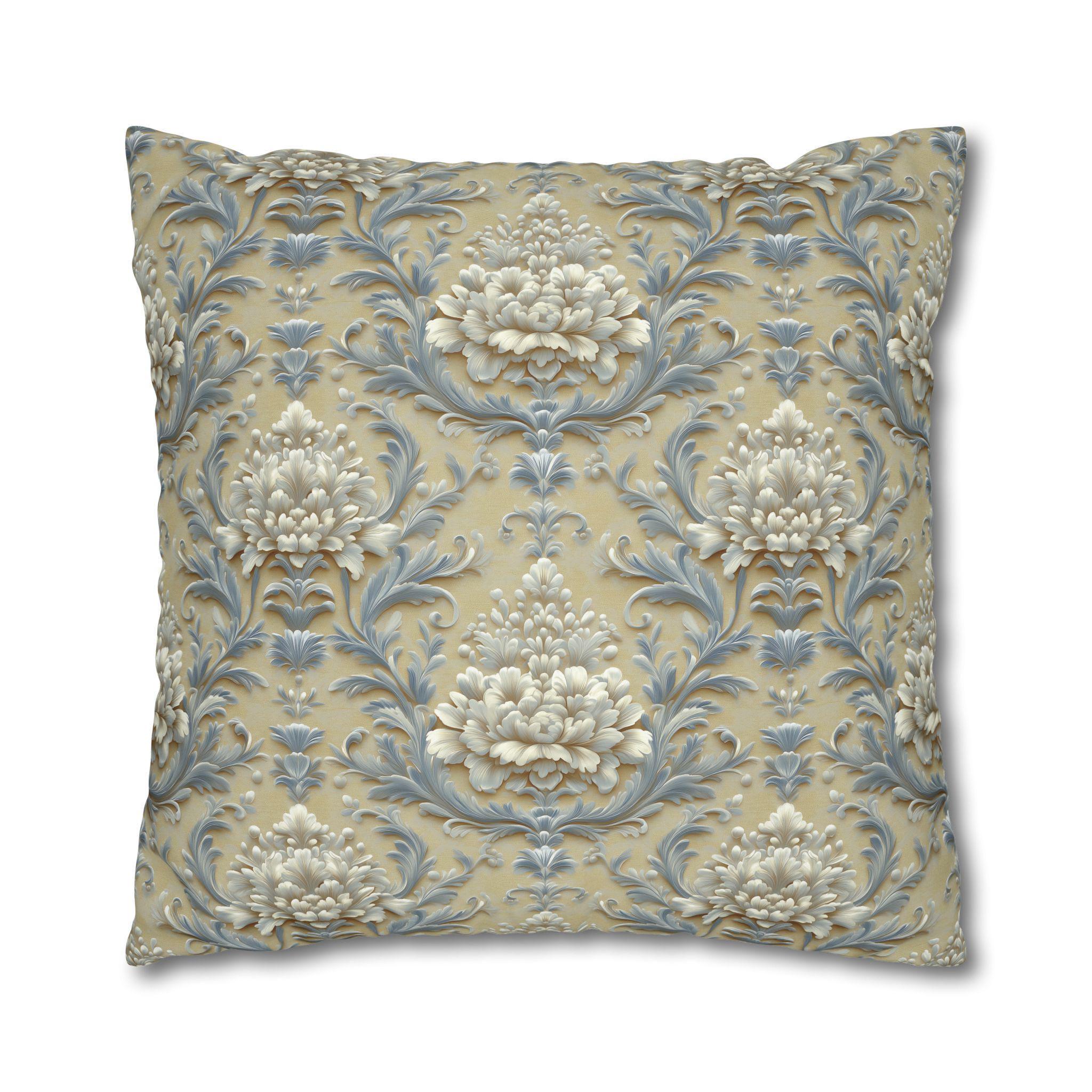 Damask Floral Pillow Cover: Blue & Gold Cushion Case - Classic Decor
