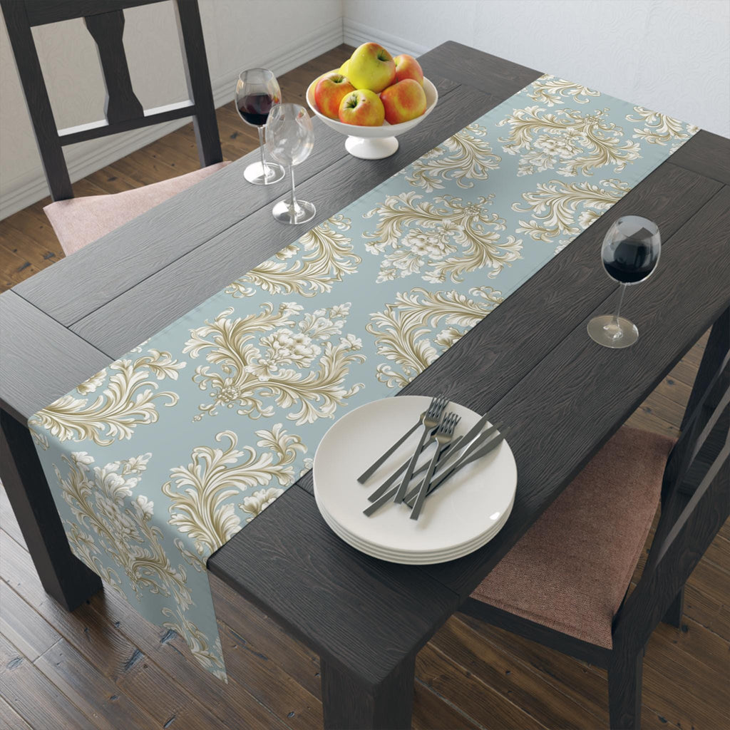 Baroque Floral Table Runner, Champagne Gold, Powder Blue