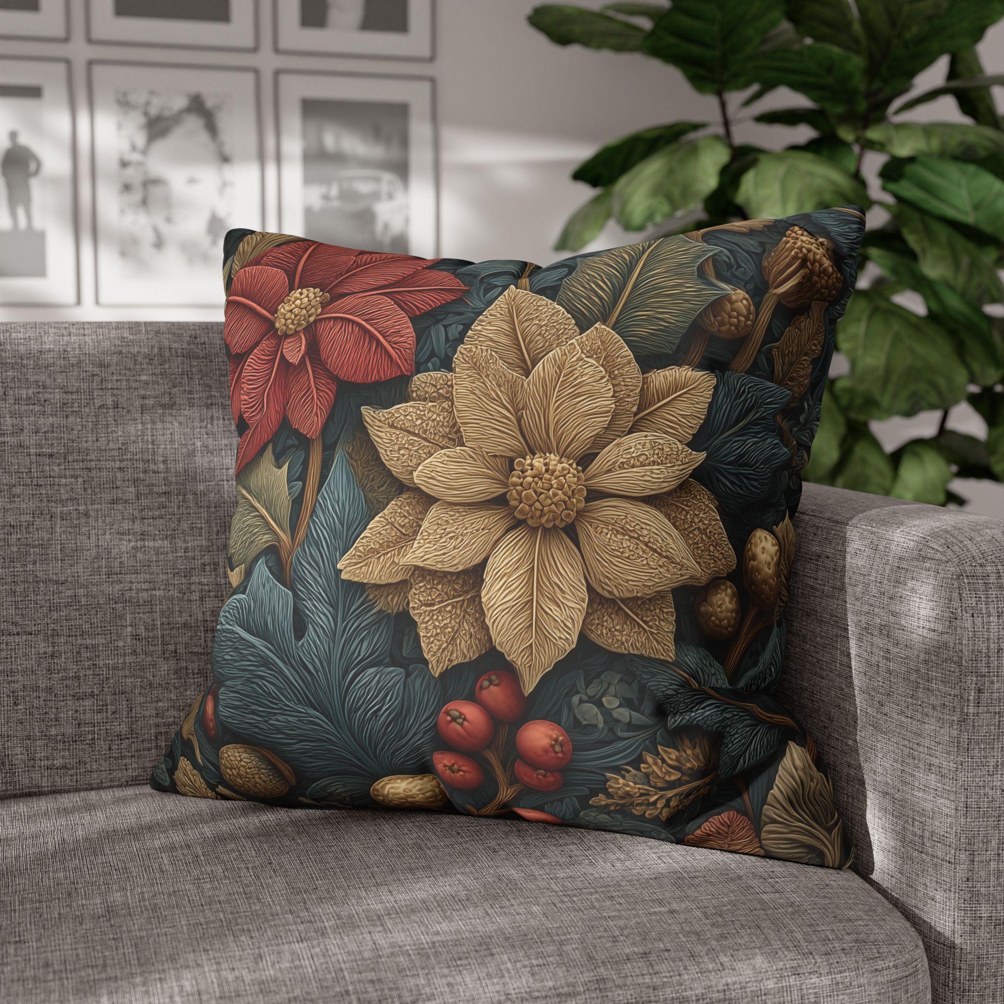William Morris Christmas Pillow Cover: Wine and Taupe Poinsettia Woodland Illustration Euro Sizes