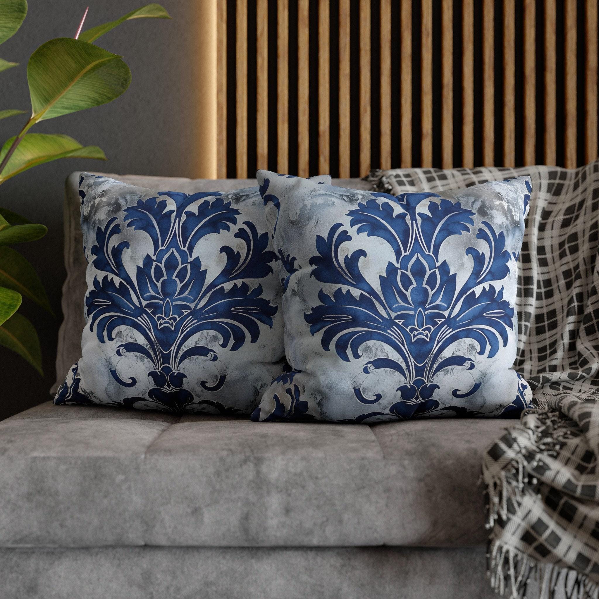 Elegant Royal Blue & Silver Baroque Floral Square Pillow Cover for Upscale Living Room Decor