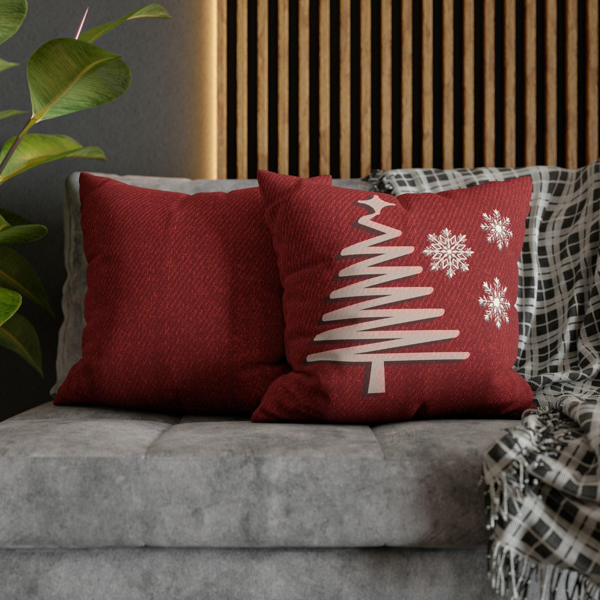 Rustic Elegance Pillow Cover: Beige Christmas Tree & Snowflakes on Red Textured Look Background