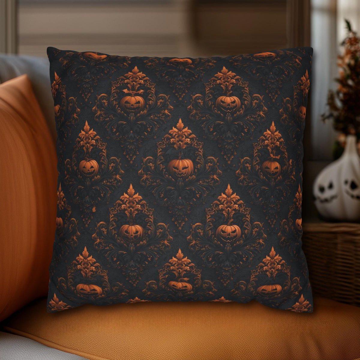 Gothic Halloween Pillow Cover: Jack-o-Lantern Damask in Black and Burnt Orange