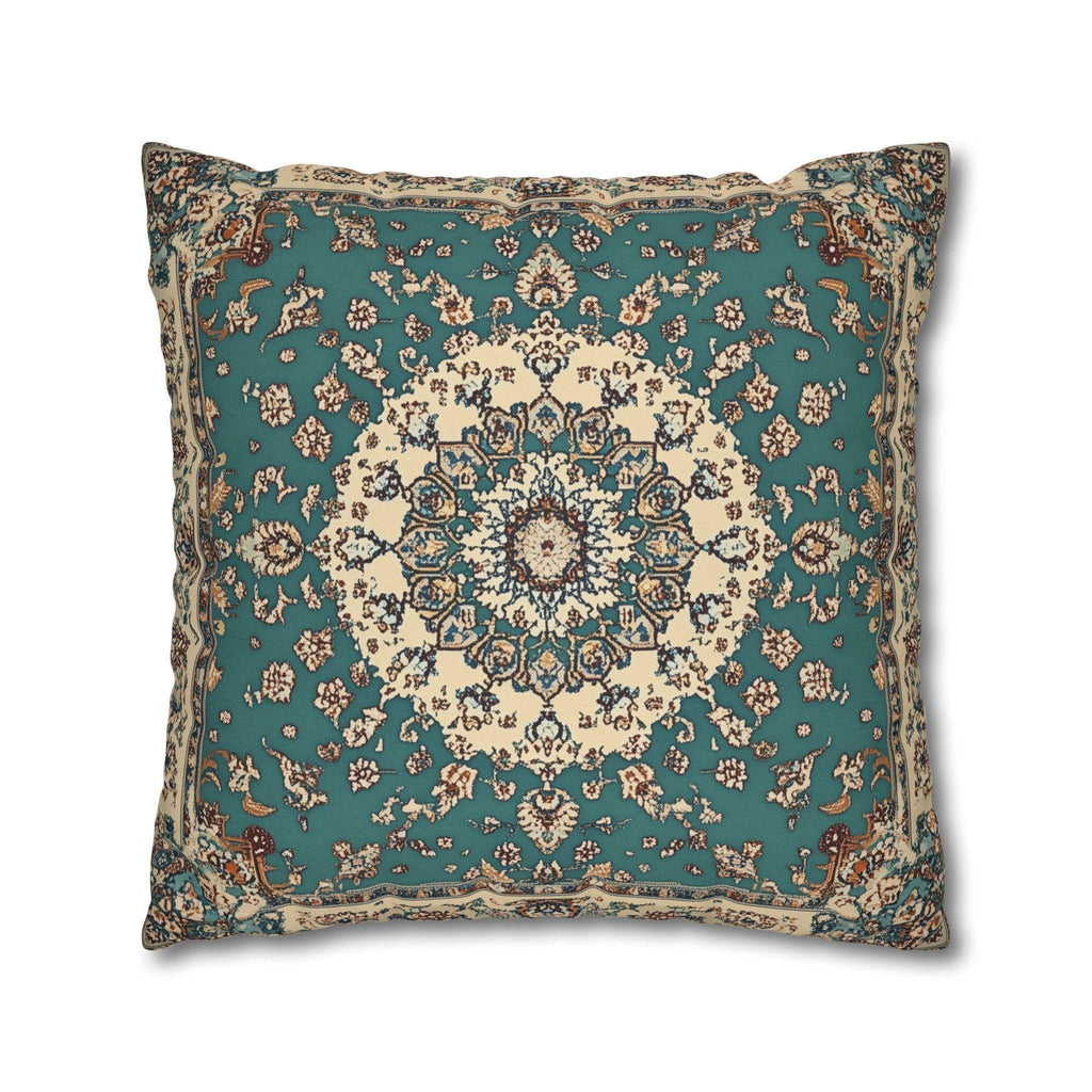 Teal and Ivory Persian-Inspired Pillow Cover: Vintage Carpet Look with Ornate Medallion Design