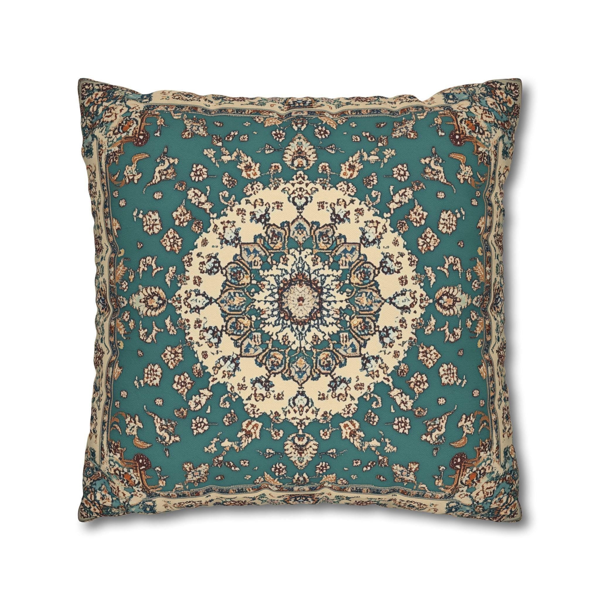 Teal and Ivory Persian-Inspired Pillow Cover: Vintage Carpet Look with Ornate Medallion Design