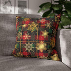 Christmas Plaid Pillow Cover, Gold Snowflakes, Festive Home Decor