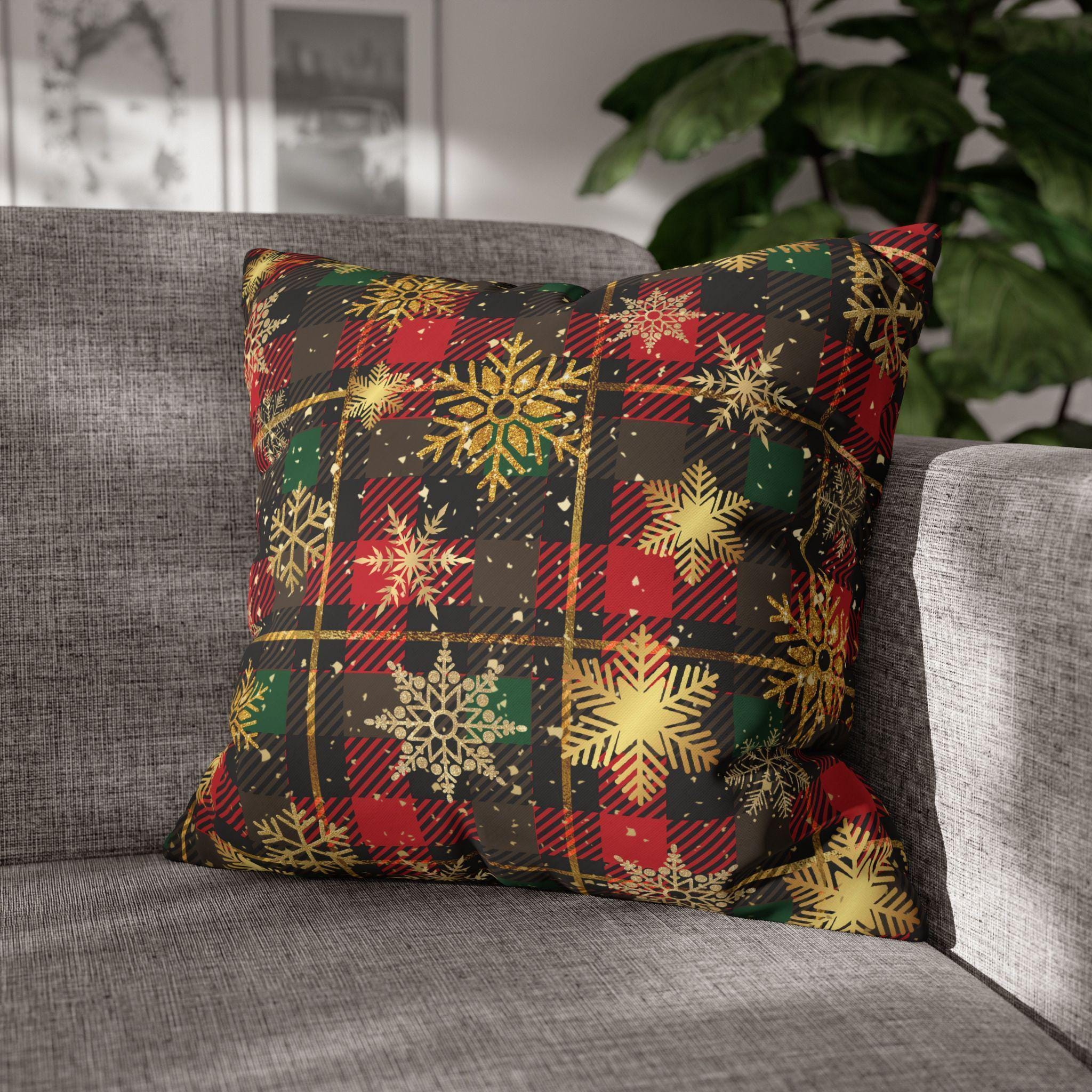 Christmas Plaid Pillow Cover, Gold Snowflakes, Festive Home Decor