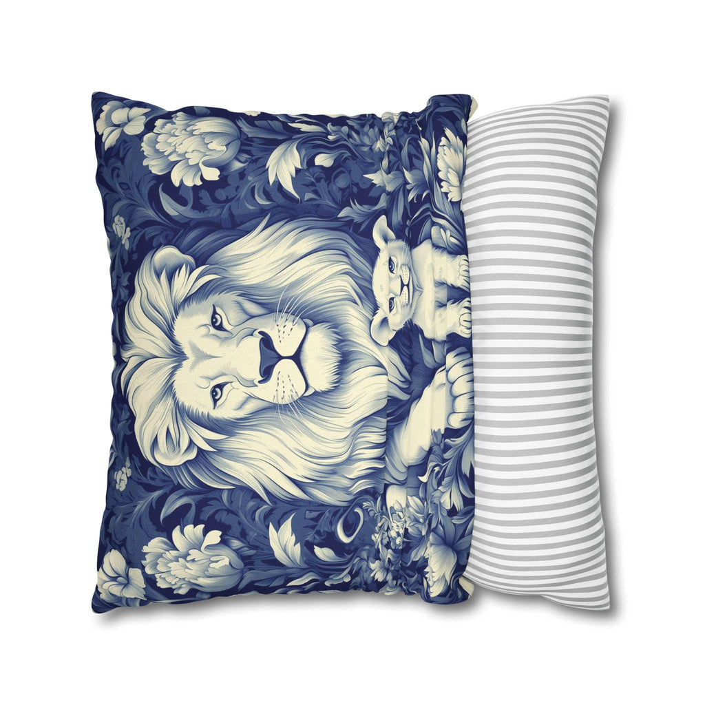 William Morris Inspired Lion Pillow Cover: Blue & White Floral Jungle Motif Decorative Cushion Case