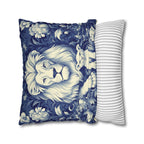 William Morris Inspired Lion Pillow Cover: Blue & White Floral Jungle Motif Decorative Cushion Case